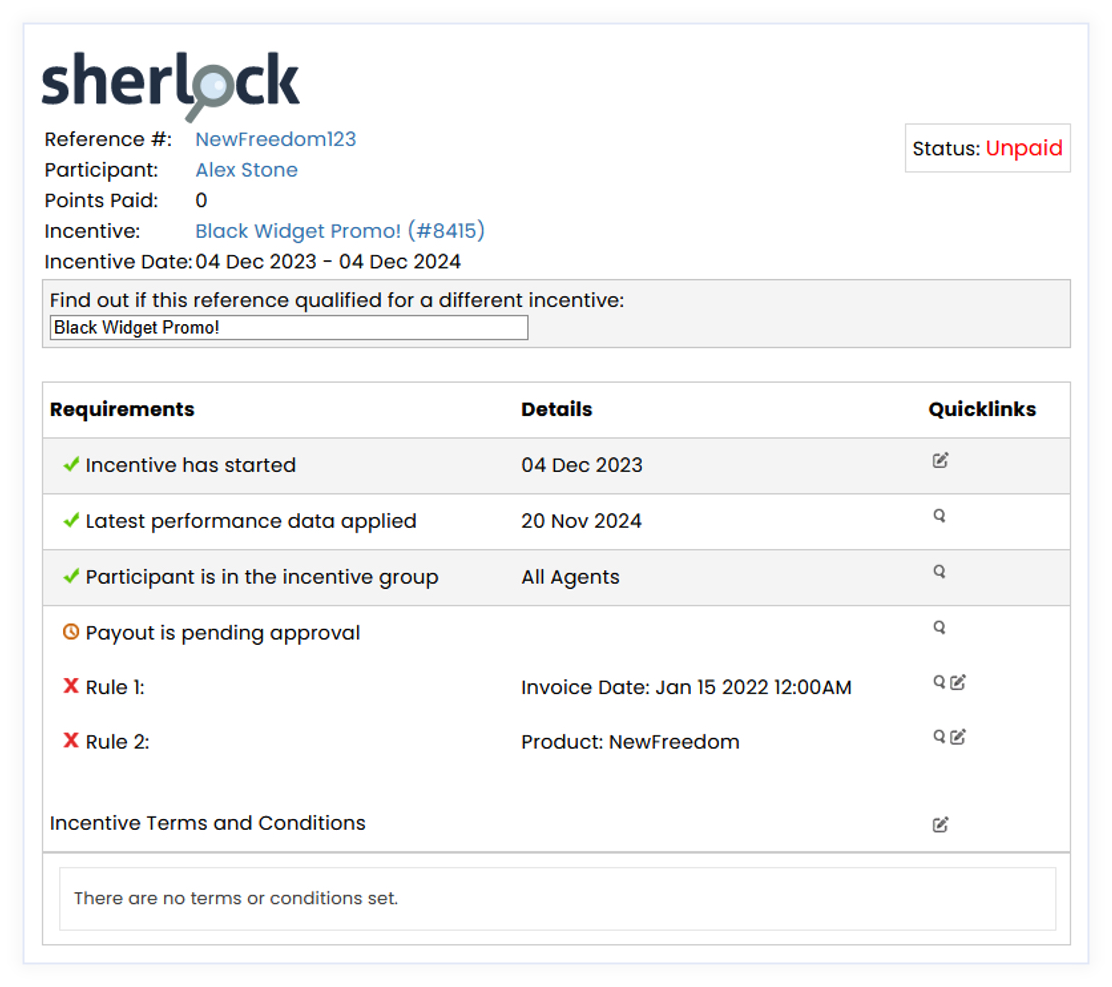 Sherlock transaction investigation interface showing payout status, eligibility and incentive rule results