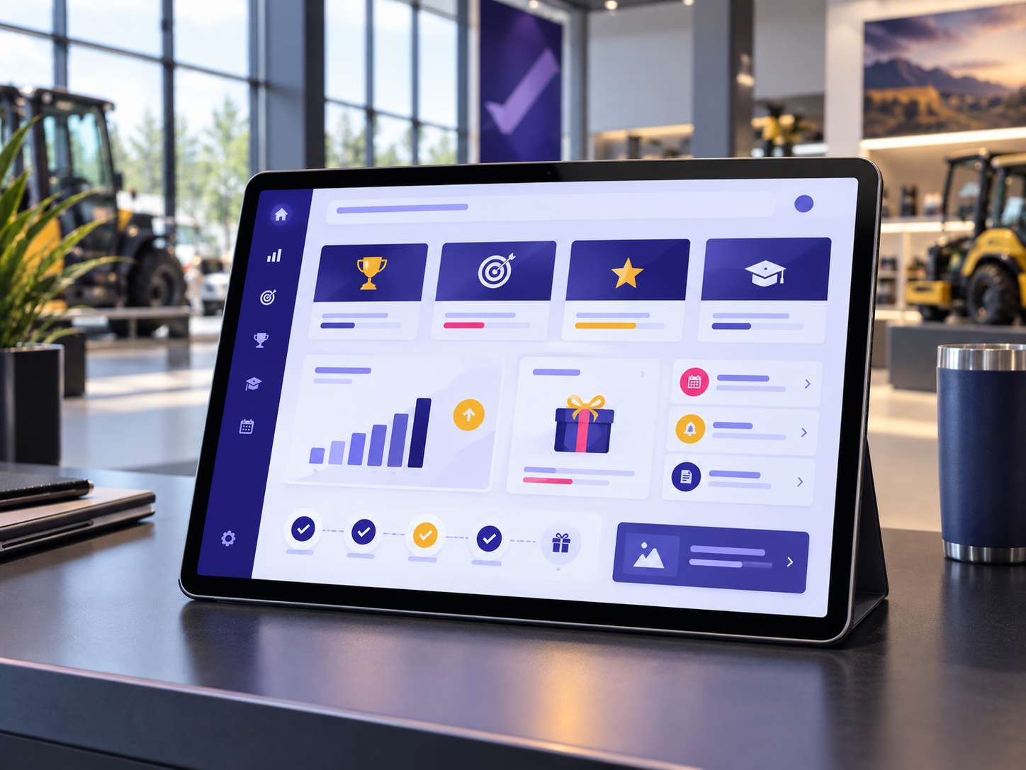 Illustration of a dealer-facing incentive dashboard showing opportunities, progress, rewards and reminders
