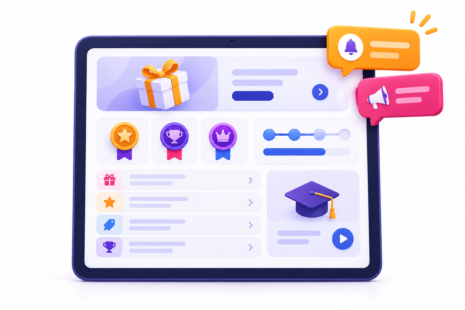 Concept illustration of an incentive portal with progress, reward opportunities and campaign reminders, without people