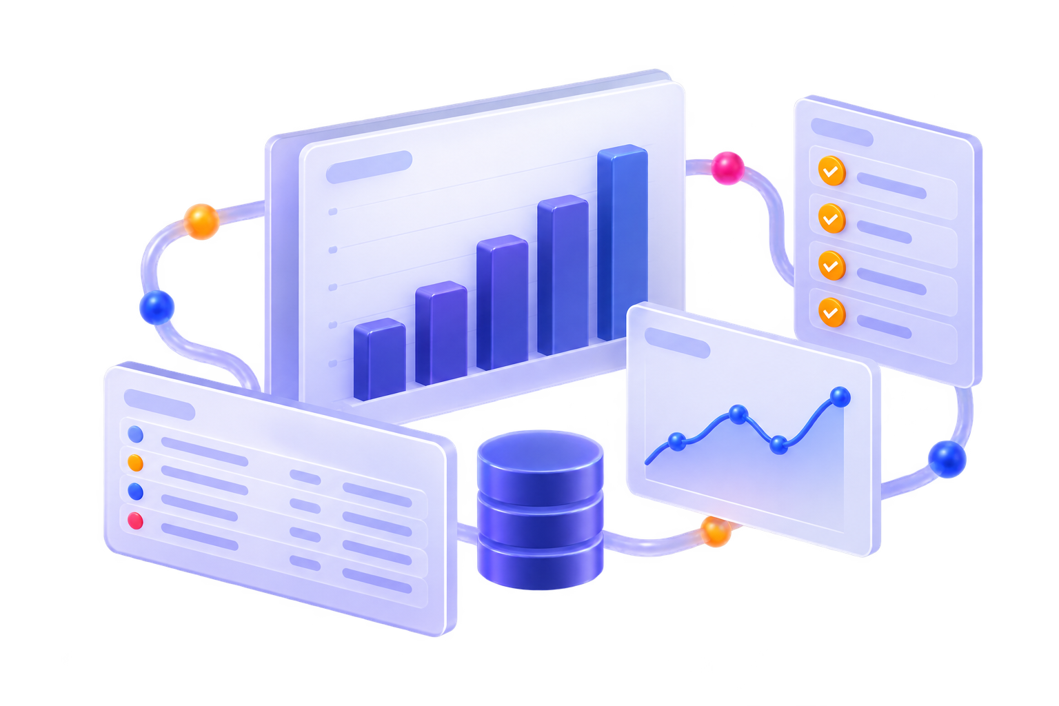 Concept illustration of connected program reporting, with charts, transaction records and audit visibility, without people or invented results