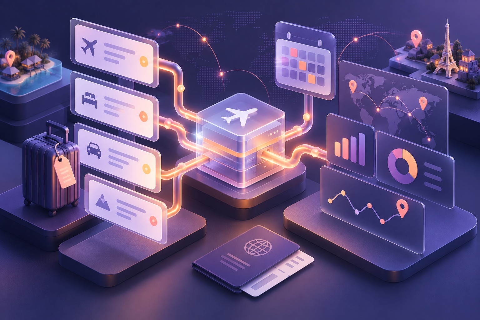 Abstract travel booking data connected to calendars, routes and reporting dashboards