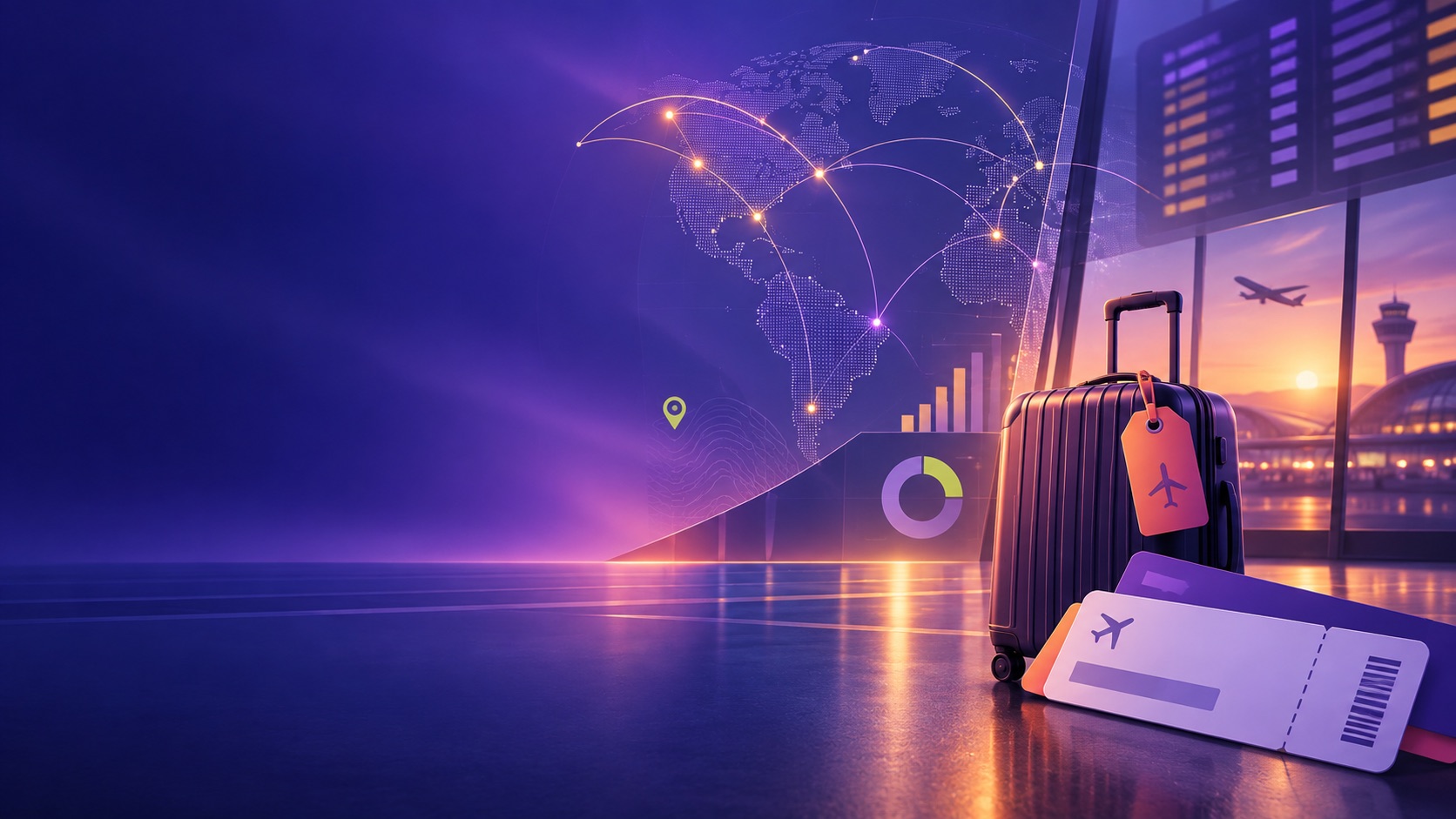 Abstract airport scene with route lines, travel data and luggage